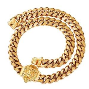 14mm Cuban Link 18k Gold Plated Lion Chain Necklace Length 20”